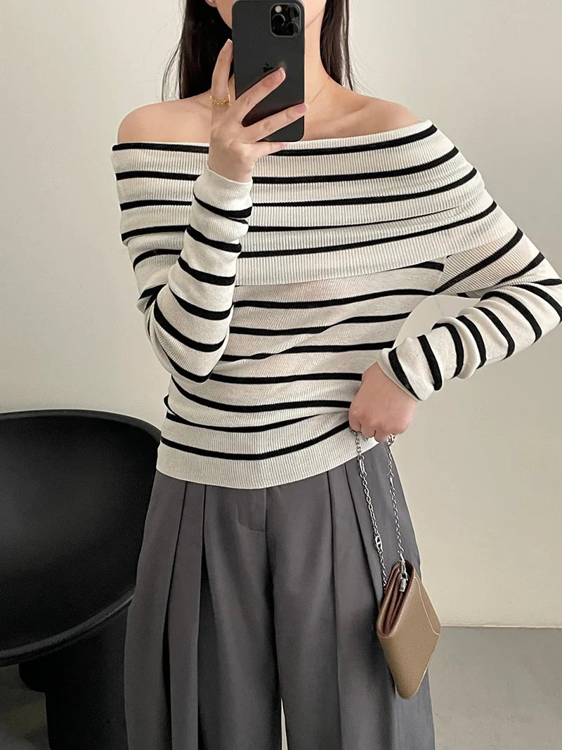 [Korean Style] Stripe Solid Color Slim Fit Off-shoulder Knit Top