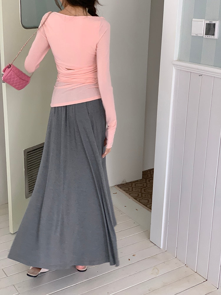 [Korean Style] 3 Colors Elastic Waisted A-line Maxi Skirt