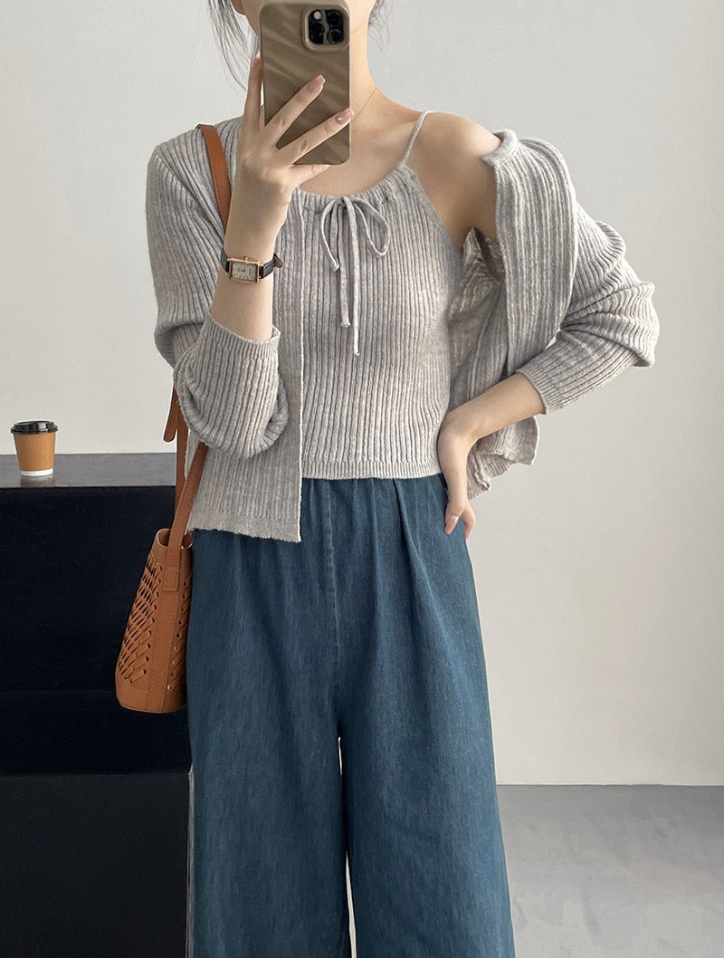[Korean Style] Textured Cardigan Cami Co-ord 2 pc Set