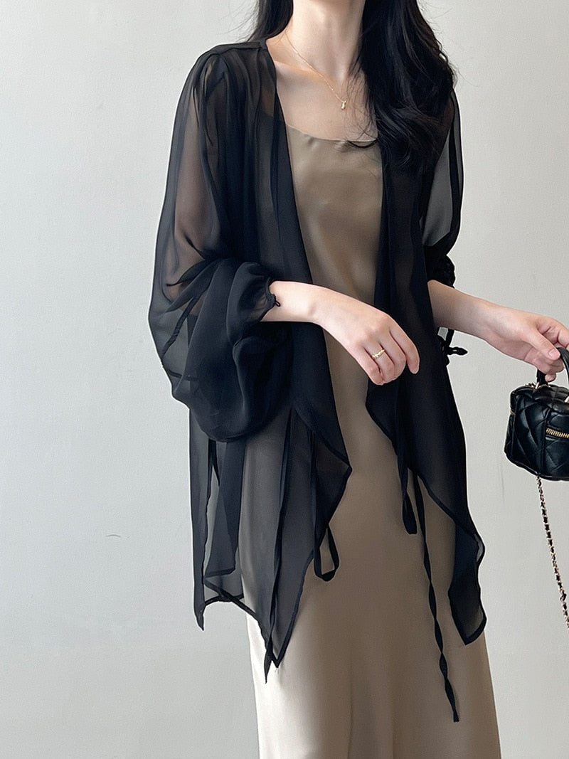 [Korean Style] Chiffon Ruffle Drawstring See-through Cover Shirts