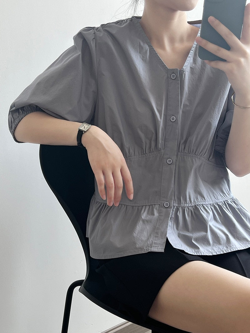 [Korean Style] French V-Neck Puff Sleeve Crop Blouse