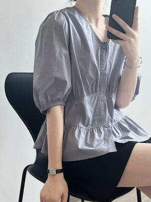 [Korean Style] French V-Neck Puff Sleeve Crop Blouse