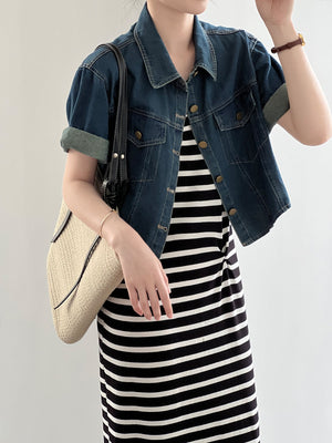 [Korean Style] Vintage Style Short Sleeve Crop Denim Jacket