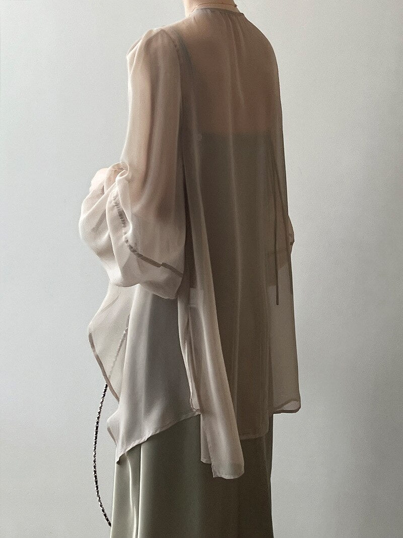 [Korean Style] Chiffon Ruffle Drawstring See-through Cover Shirts