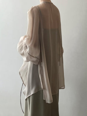 [Korean Style] Chiffon Ruffle Drawstring See-through Cover Shirts