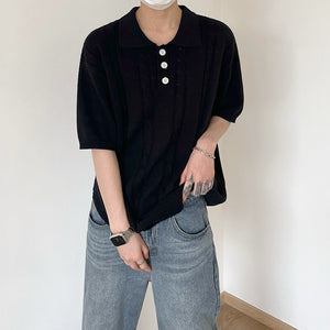 [Korean Style] Turn-Down Collar Knitted 1/2 T-shirts
