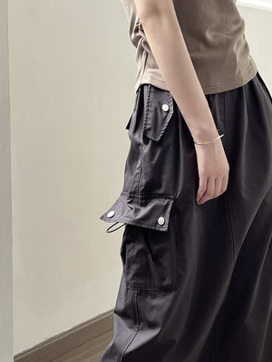 [Korean Style] Solid Color High Waist Drawstring Midi Cargo Skirt