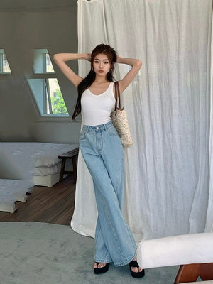 Women's High Waist Jeans Vintage Split Flare Pants Korean Fashion Denim  Trousers