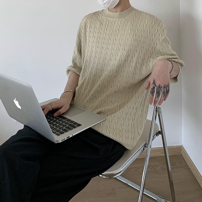 [Korean Style] Khaki / Blue Oversize Knitted T-shirts