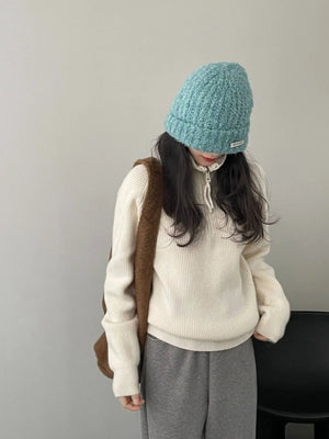 [Korean Style] 6 Solid Color Zipper Collared Knit Pullover Sweater