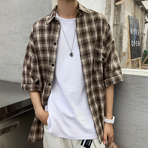 [Korean Style] Seven-Cut Plaid Cotton Shirts