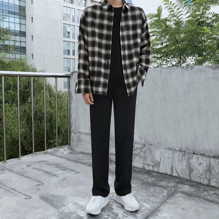 [Korean Style] Dehe Black / Gray Casual Straight Pants