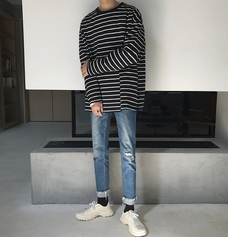 [Korean Style] Nass Striped Cotton Pullover T-shirts