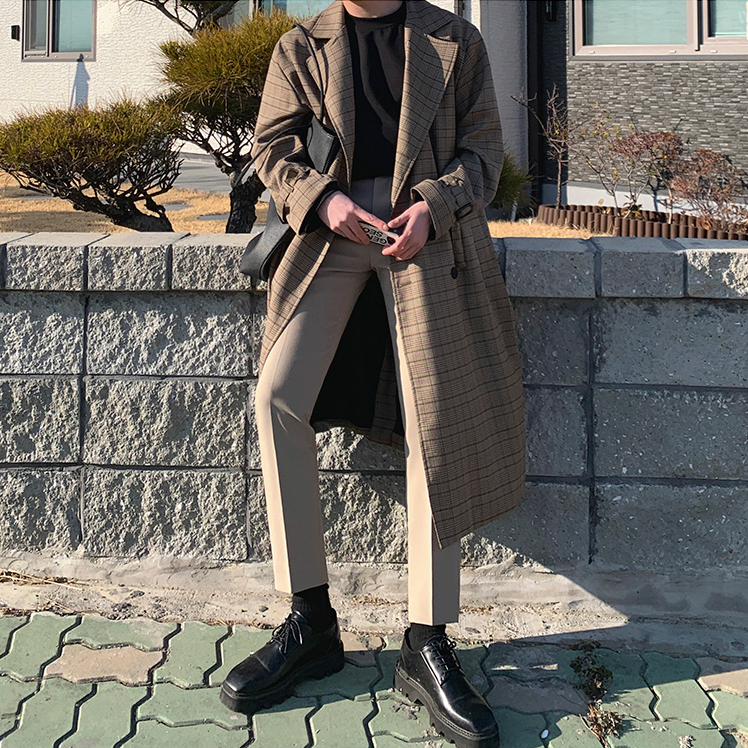 Korean Style Plaid Double Breasted Long Jackets