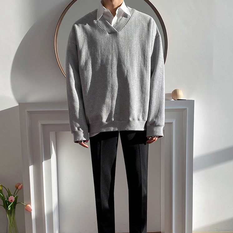 [Korean Style] Gray Solid V-neck Sweatshirts