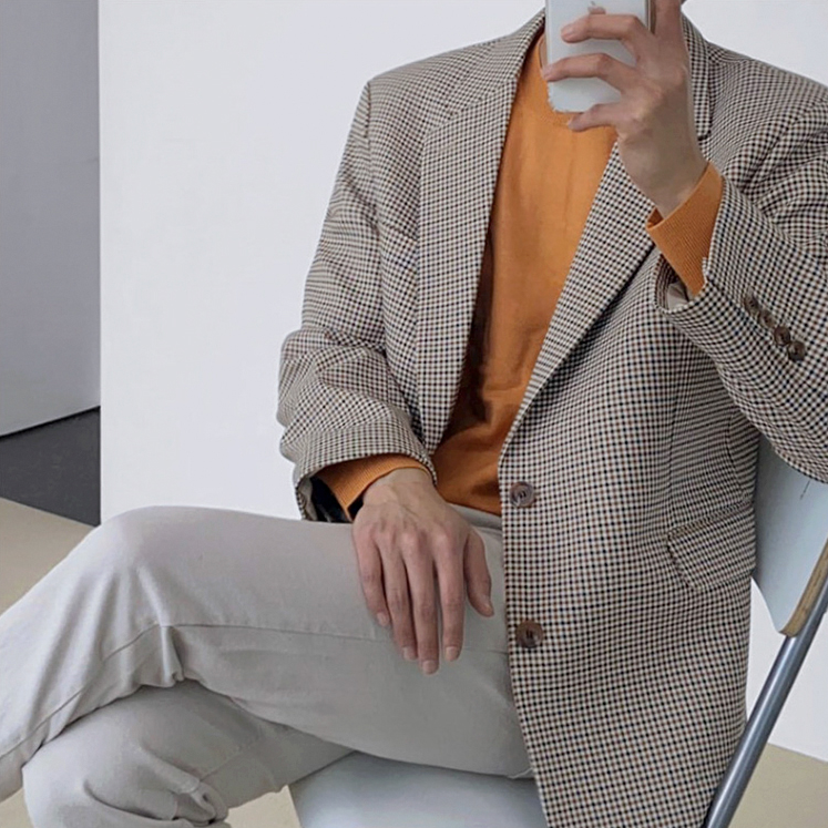 [Korean Style] Brown-beige Plaid Suit Jackets