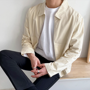 [Korean Style] Black/Beige Solid Lapel Zipper Jacket