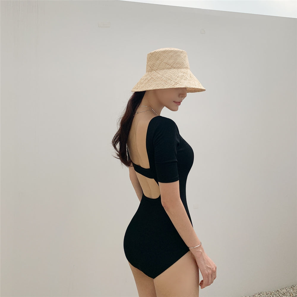 [Korean Style] Square Neck Half Sleeve Padded One Piece Swimsuit