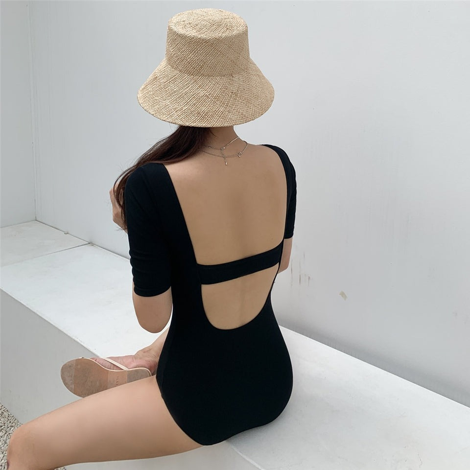 [Korean Style] Square Neck Half Sleeve Padded One Piece Swimsuit