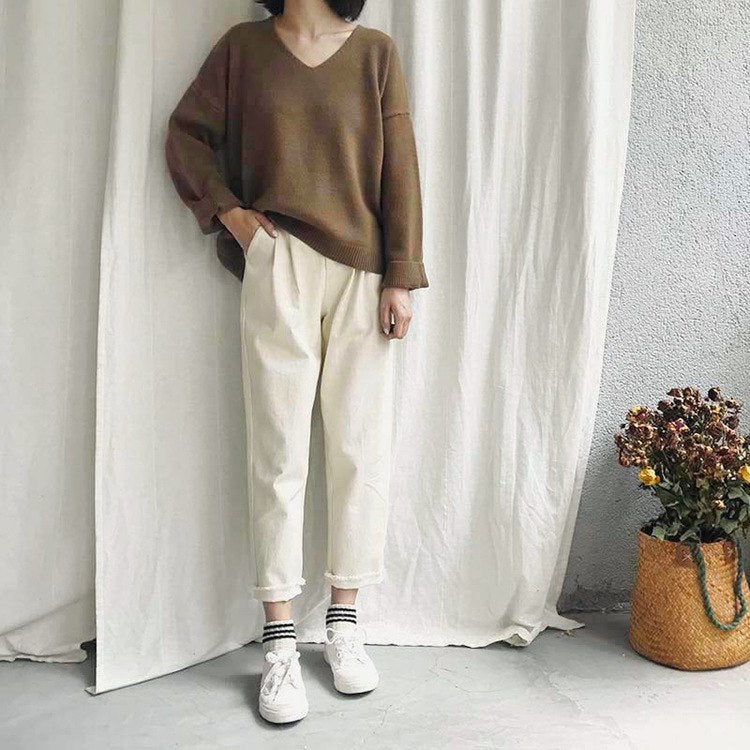 [Korean Style] Loose Fitted V-neck Knit Top