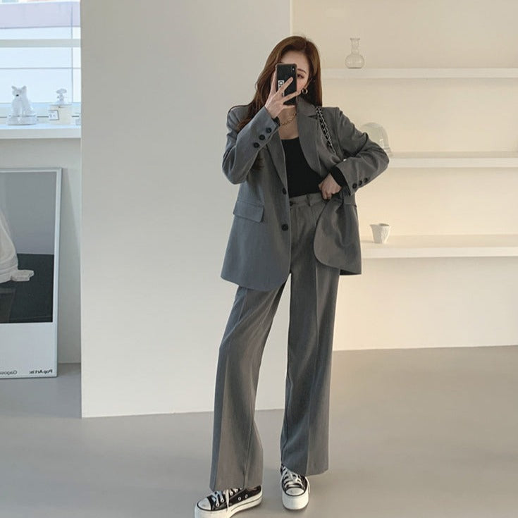 [Korean Style] Grey Loose Fit Blazer High Waist Trouser 2 pc Matching Set