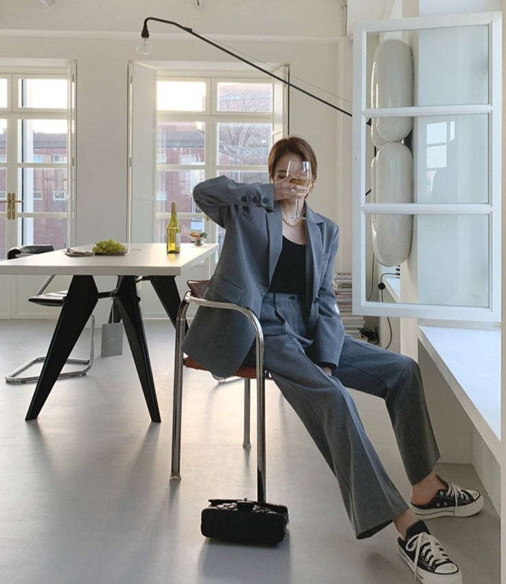 [Korean Style] Grey Loose Fit Blazer High Waist Trouser 2 pc Matching Set