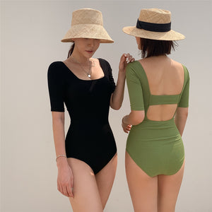 [Korean Style] Square Neck Half Sleeve Padded One Piece Swimsuit