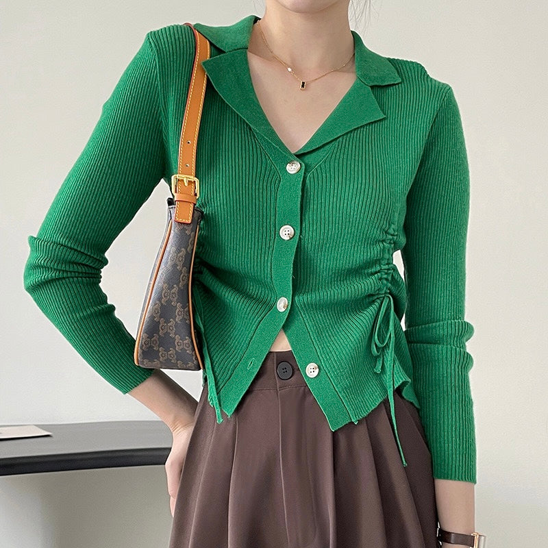 [Korean Style] 4 Color Slim Fit Notched Collar Rib Knit Top