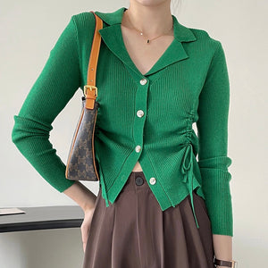 [Korean Style] 4 Color Slim Fit Notched Collar Rib Knit Top