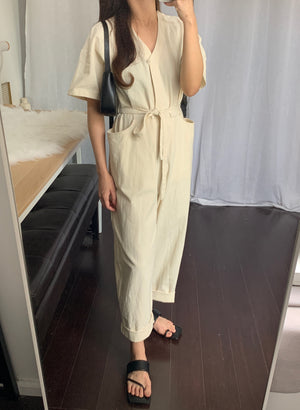 [Korean Style] Almond V-neck Short Sleeve Jumpsuit Overalls Belted Romper