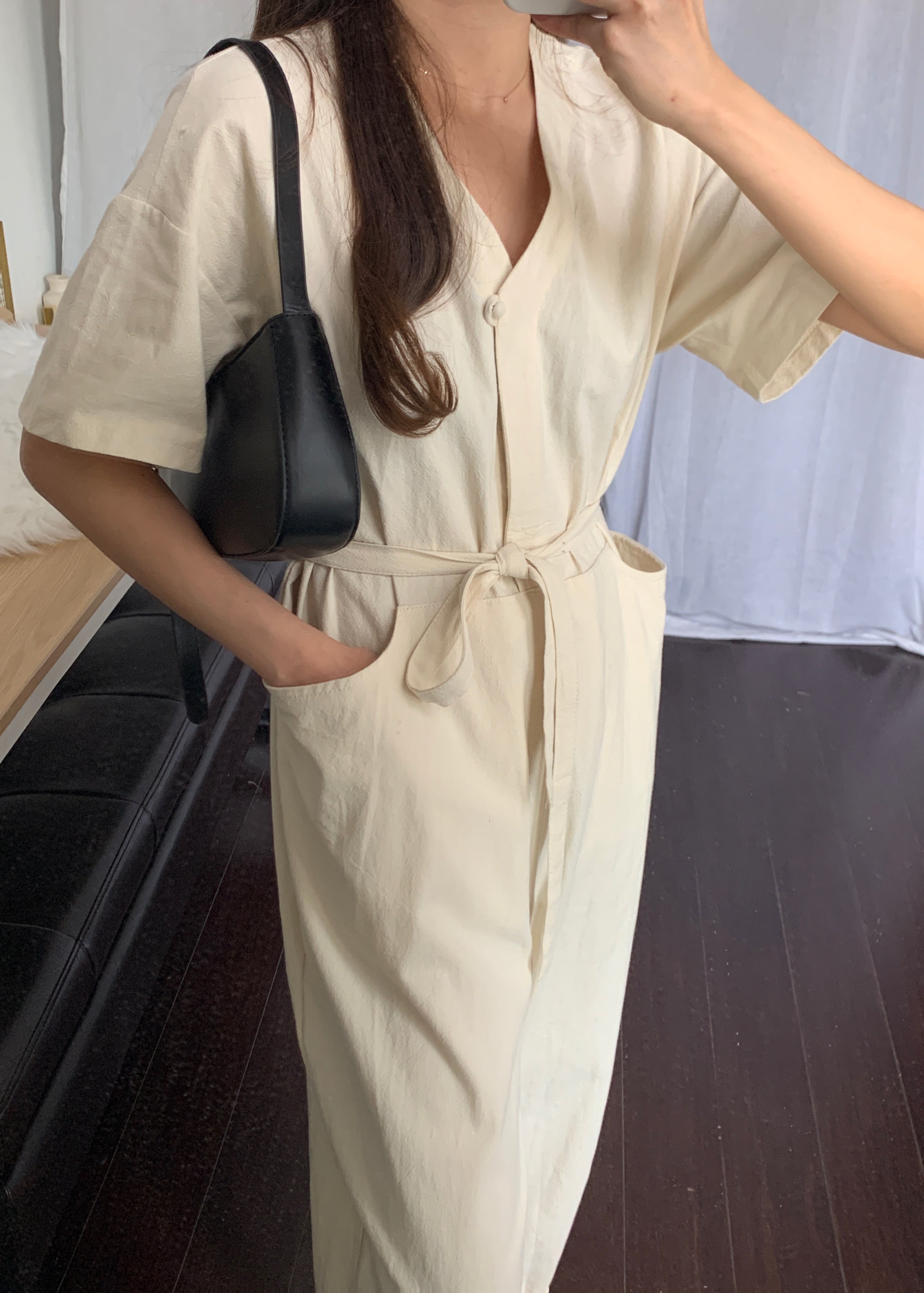 [Korean Style] Almond V-neck Short Sleeve Jumpsuit Overalls Belted Romper