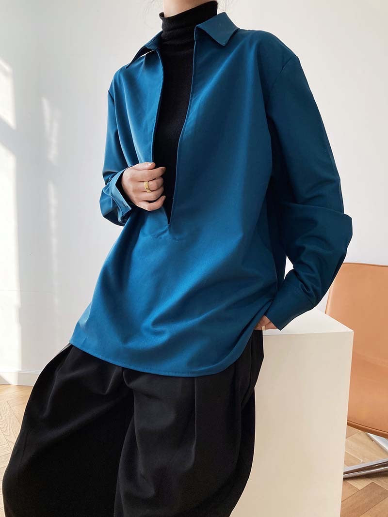 [Korean Style] 3 Color Deep Cut Collared Long Sleeve Shirts