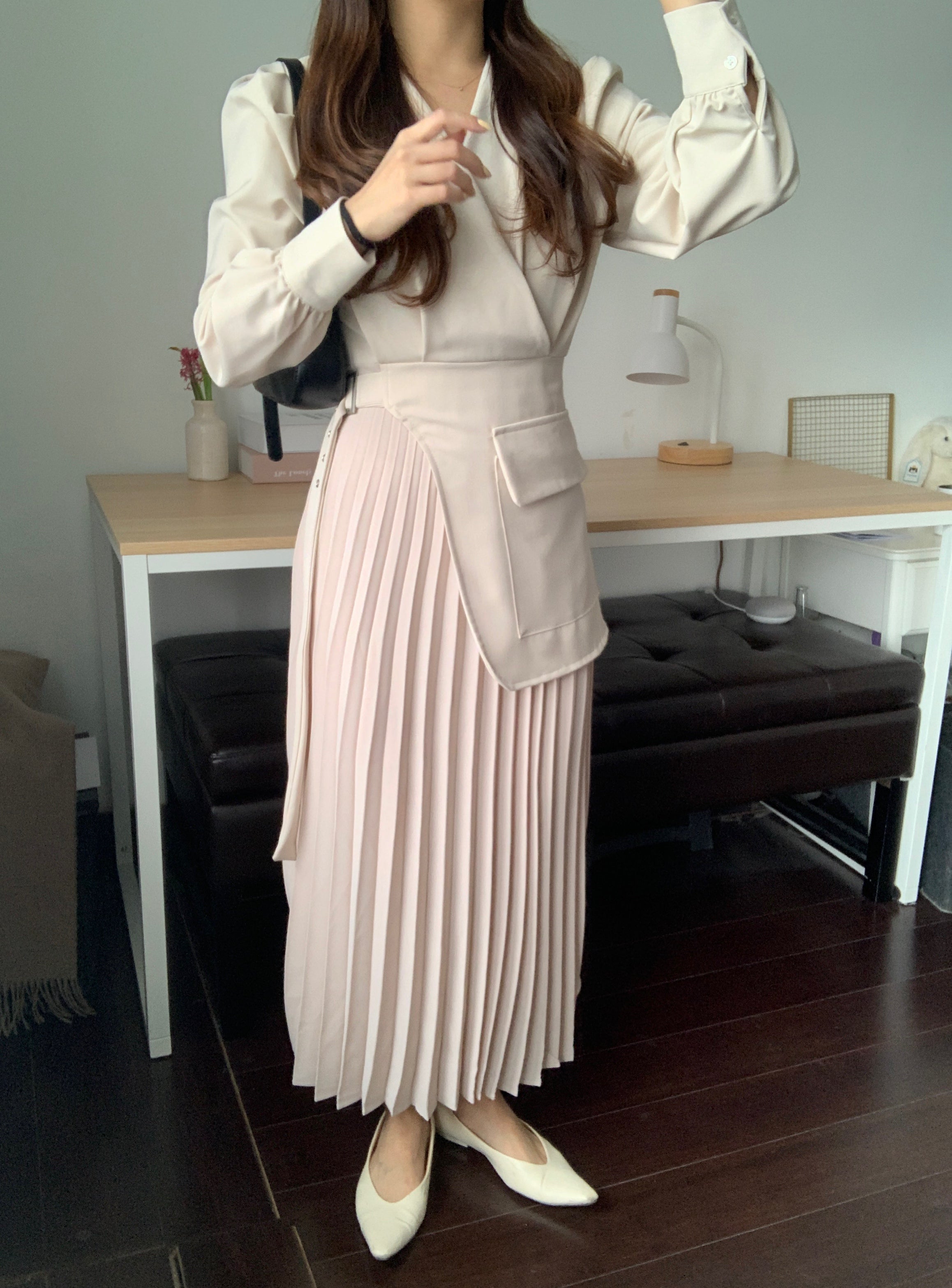 [Korean Style] Inna Beige V-neck Belted Blazer Pleated Skirt One Piece