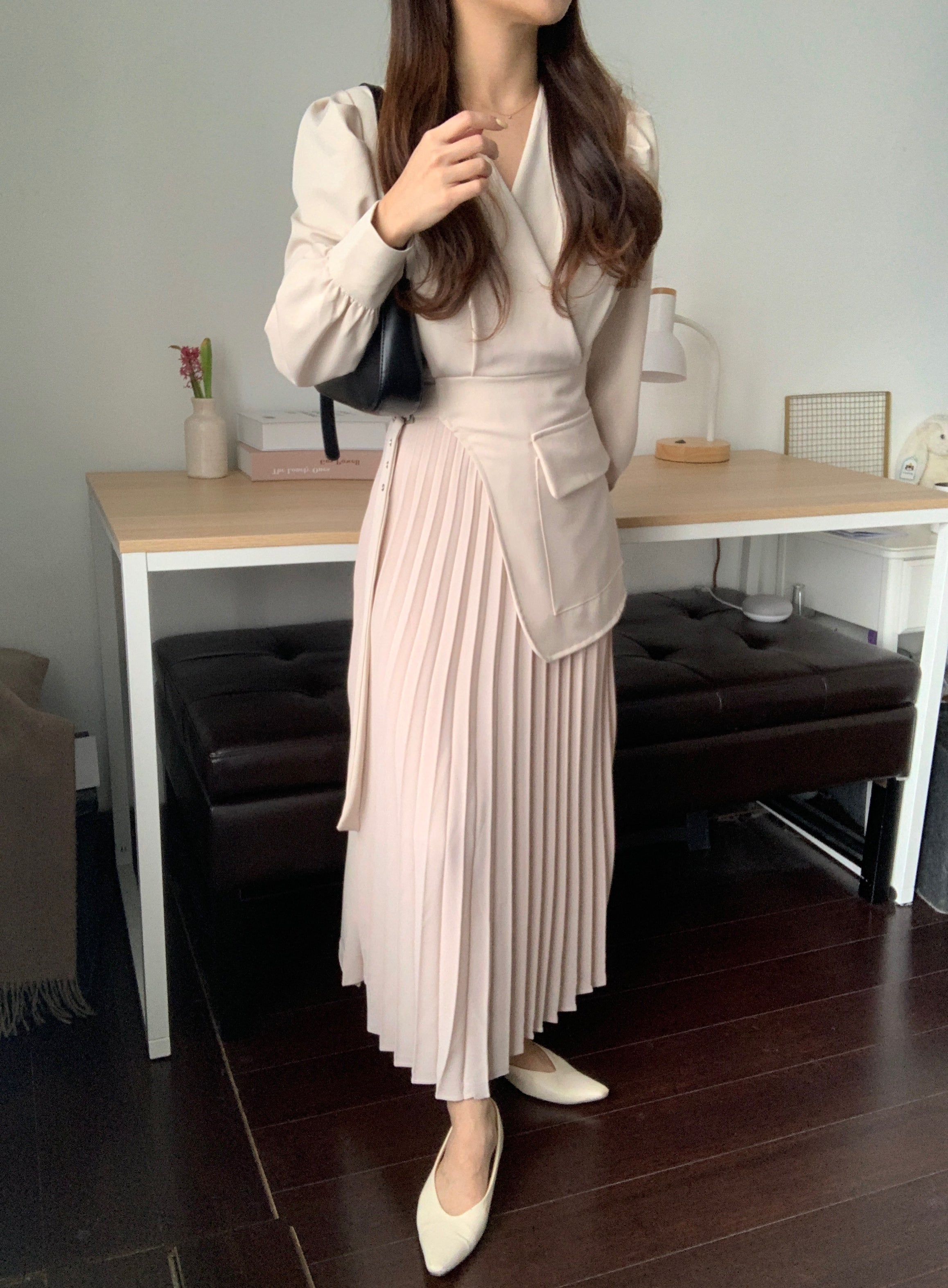 [Korean Style] Inna Beige V-neck Belted Blazer Pleated Skirt One Piece