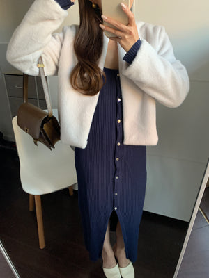[Korean Style] Solid Color Collarless Faux Fur Cropped Teddy Coat