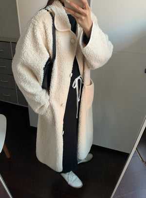 [Korean Style] Light Weight Off White Single Breasted Shearling Sherpa Coat w/ Pockets
