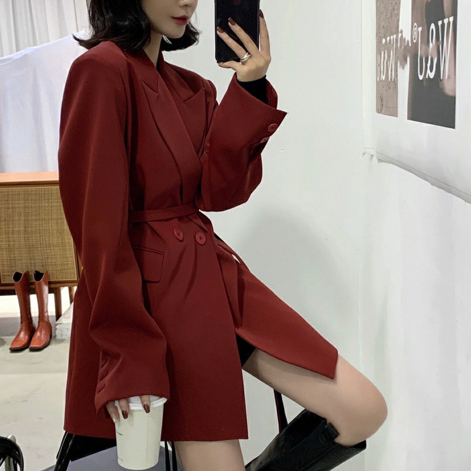 [Korean Style] 5 Color Loose Fit Double Breasted Belted Blazer