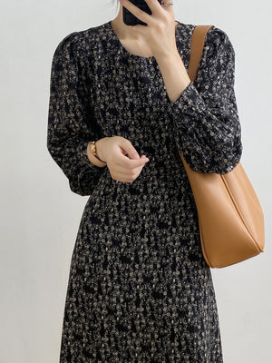 [Korean Style] Chic Round Neck Puff-Sleeve Floral Print Midi Dress