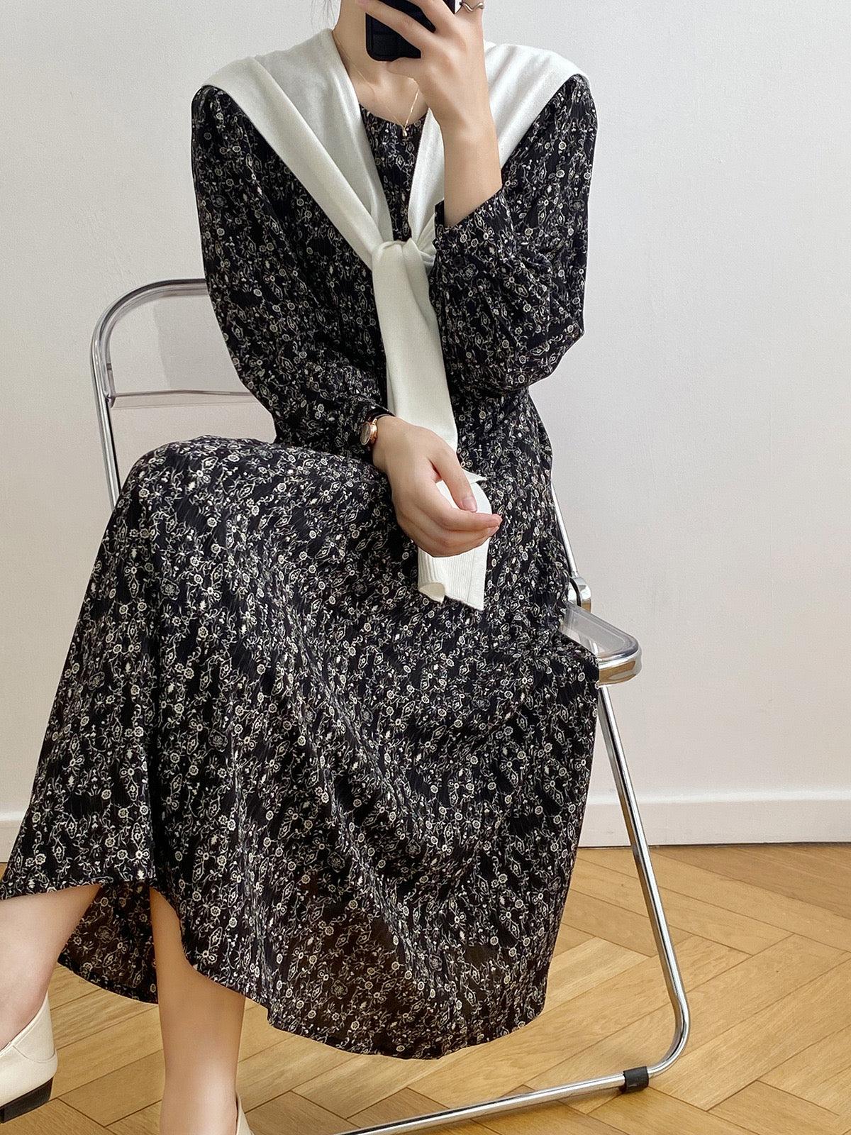 [Korean Style] Chic Round Neck Puff-Sleeve Floral Print Midi Dress