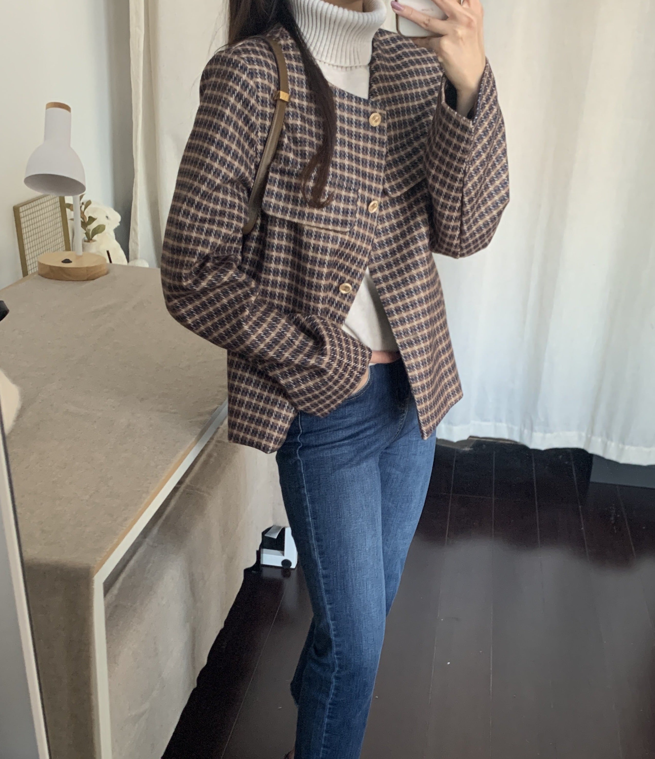 [Korean Style] Afia Collarless Check Patterned Cropped Jacket