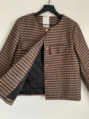 [Korean Style] Afia Collarless Check Patterned Cropped Jacket