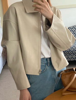 [Korean Style] Faux Leather Dropped Shoulder Zipper Crop Jacket