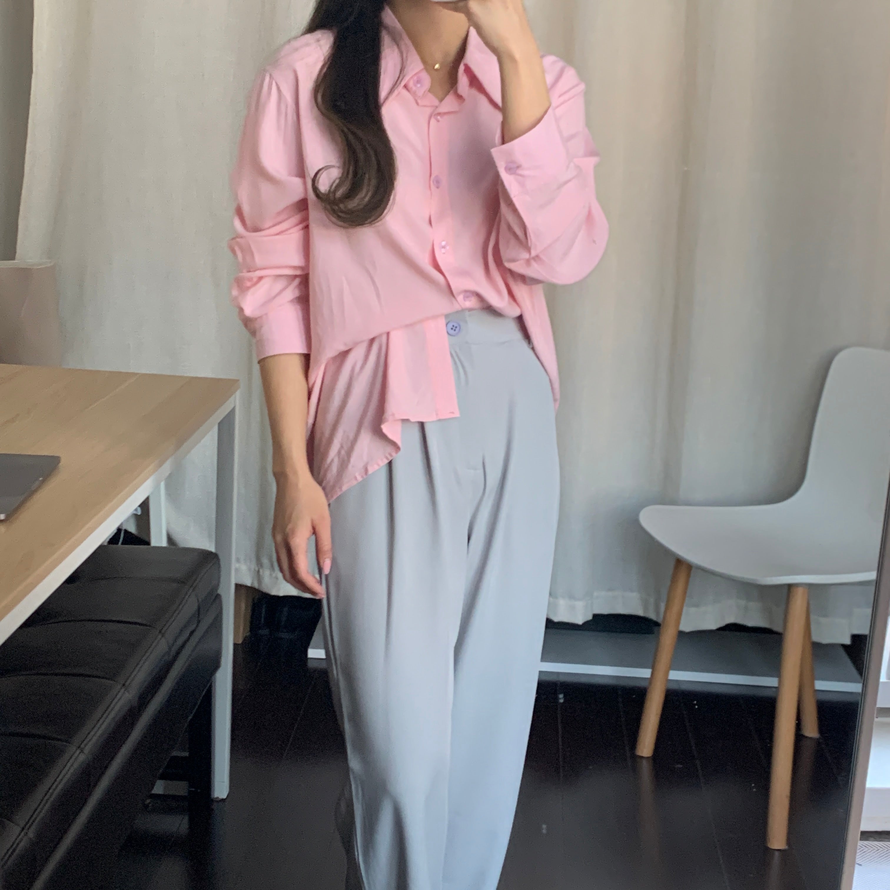[Korean Style] Cezanne Pink Blouse w/ Gray Wide Leg Trouser 2 pc Set