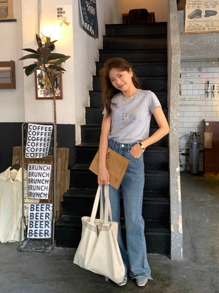 [Korean Style] Light Wash Full Length High Waist Ripped Flare Jeans