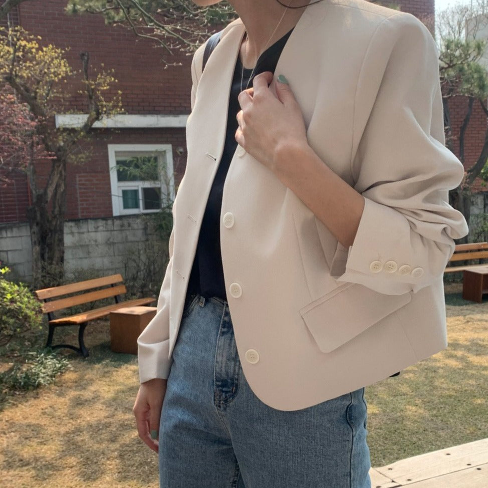 [Korean Style] V-Neck Collarless Single Breasted Cropped Blazer