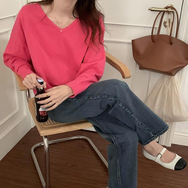 [Korean Style] Loose Fit Solid Color V-Neck Pullover Sweater