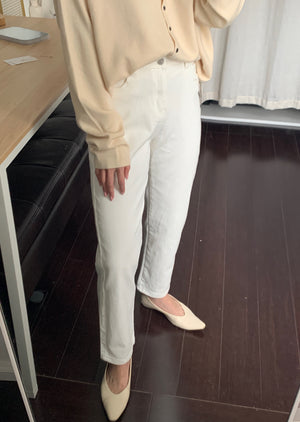 [Korean Style]Cream White Khaki Cinched High Waist Cropped Straight Jeans