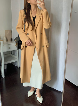 [Korean Style] Vintage Style Double Breasted Long Blazer w/ Belt