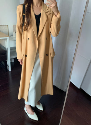 [Korean Style] Vintage Style Double Breasted Long Blazer w/ Belt