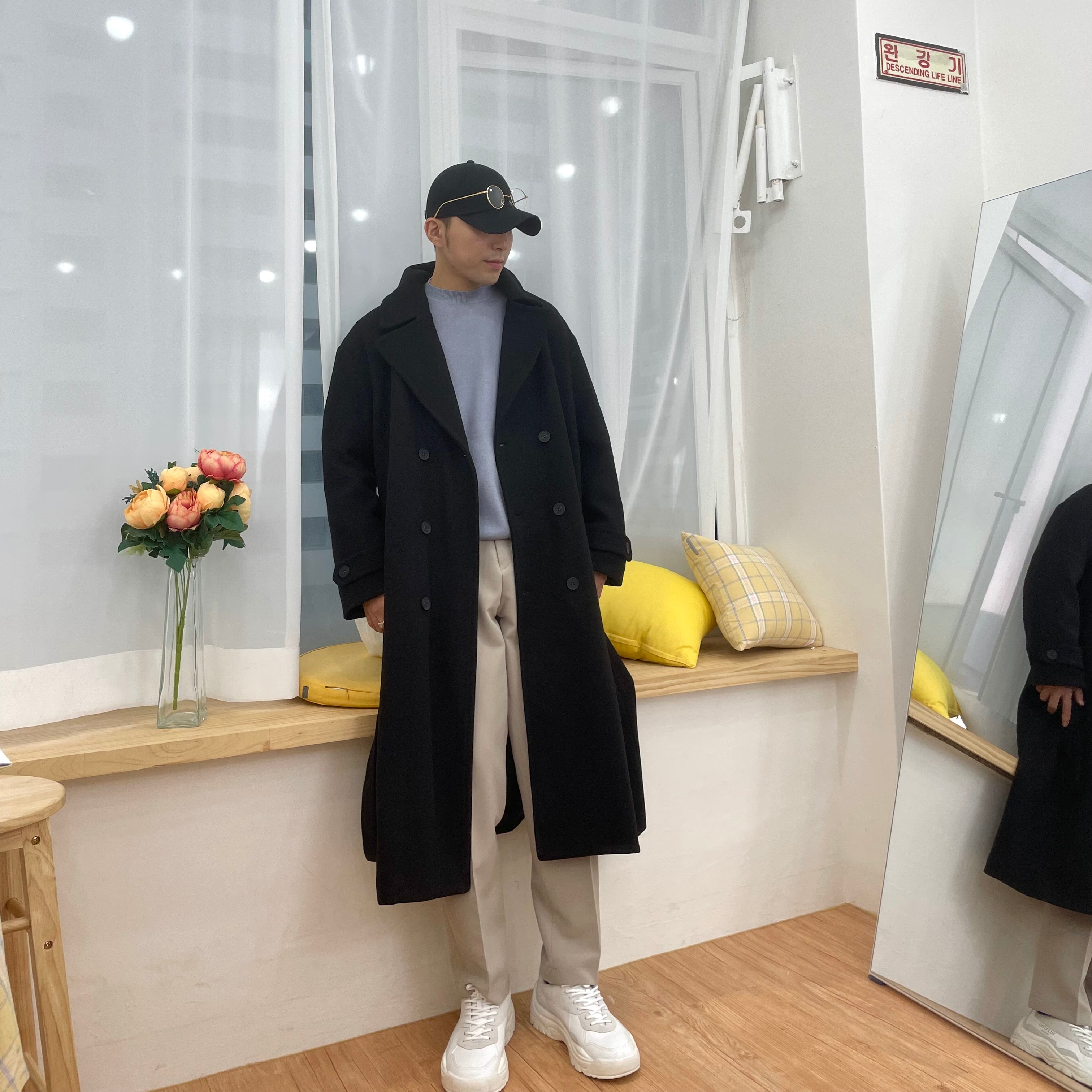 [Korean Style] Black Soline Wool Double Coat